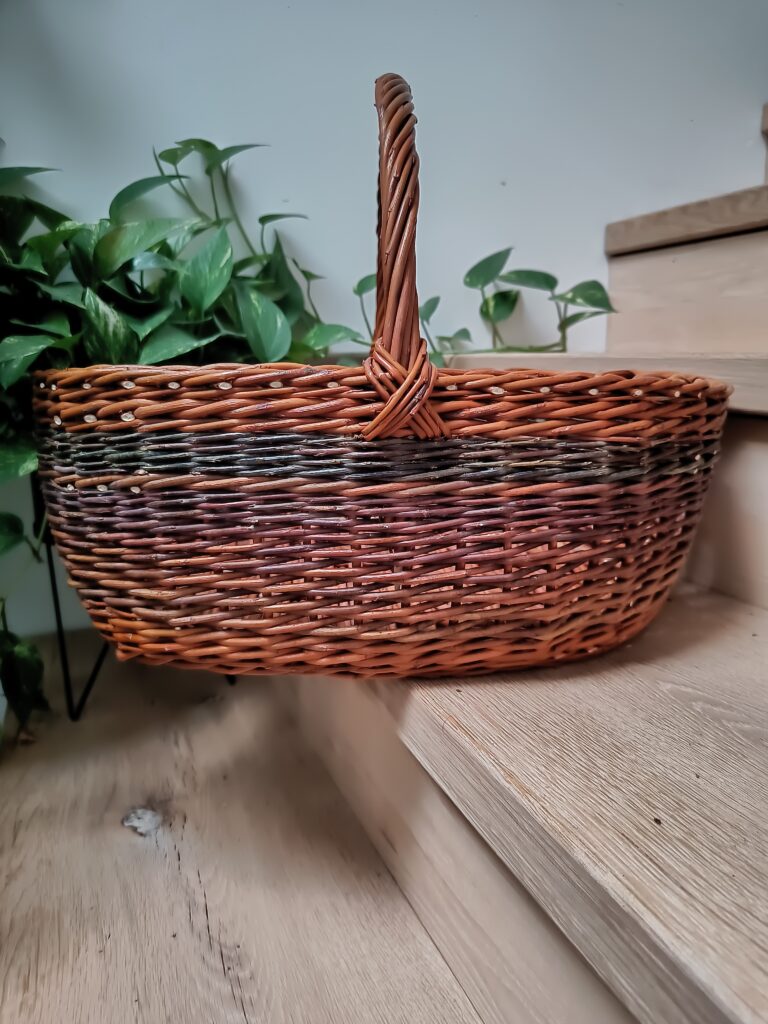 Handwoven basket on wooden steps beside green plants
